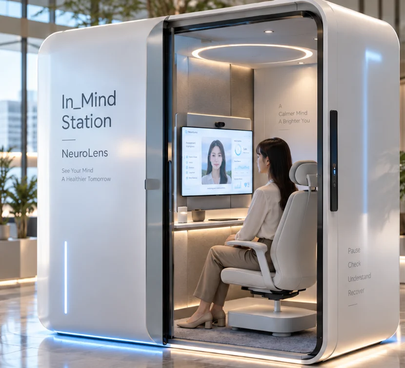 In_Mind Station 부스 안에서 화면을 보며 마음 컨디션을 측정하는 사용자